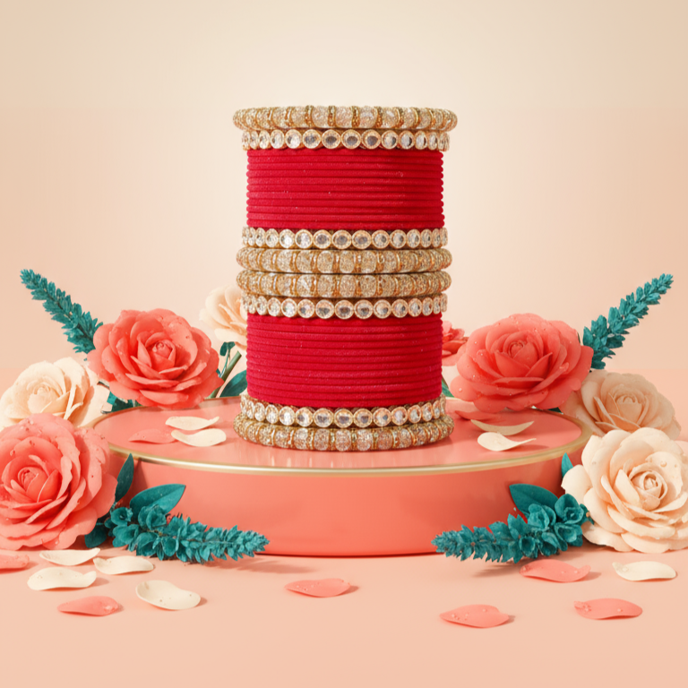 Punjabi Wedding Bangles Set With Beautiful Mirror Work Kada