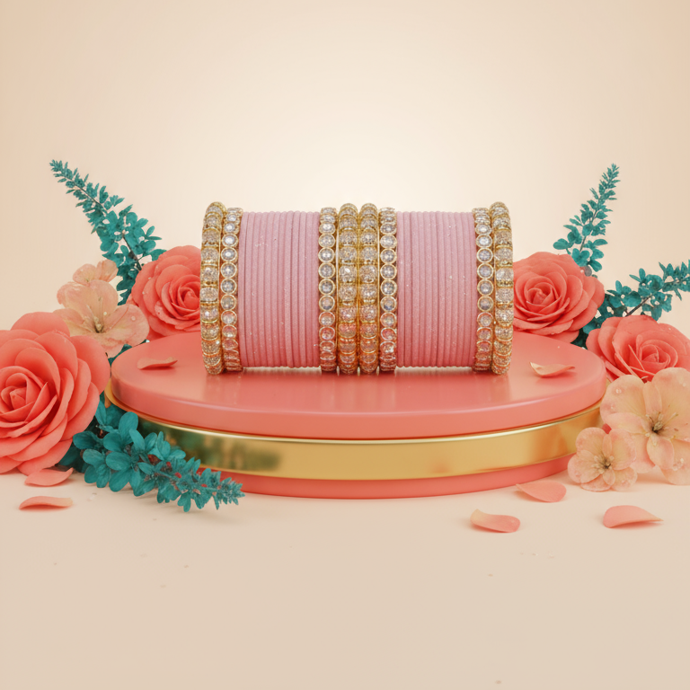 Punjabi Wedding Bangles Set With Beautiful Mirror Work Kada