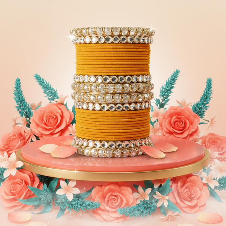 Punjabi Wedding Bangles Set With Beautiful Mirror Work Kada