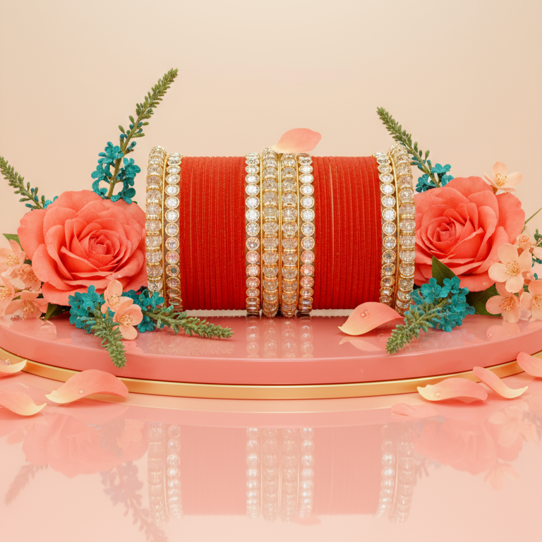 Punjabi Wedding Bangles Set With Beautiful Mirror Work Kada