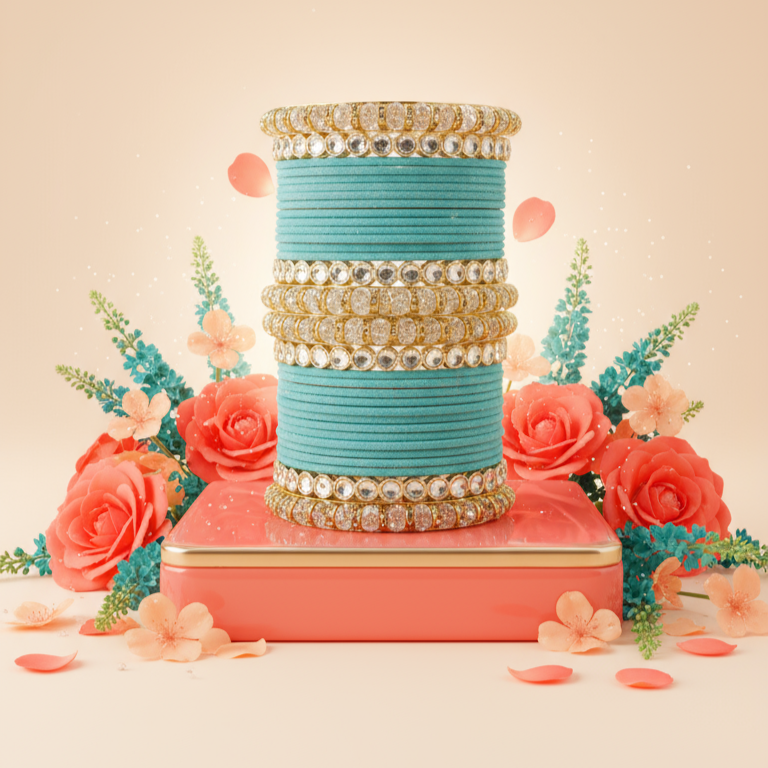 Punjabi Wedding Bangles Set With Beautiful Mirror Work Kada