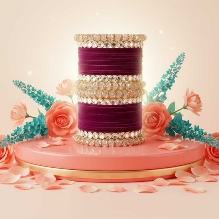 Punjabi Wedding Bangles Set With Beautiful Mirror Work Kada