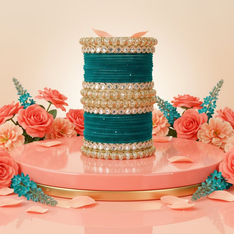 Punjabi Wedding Bangles Set With Beautiful Mirror Work Kada